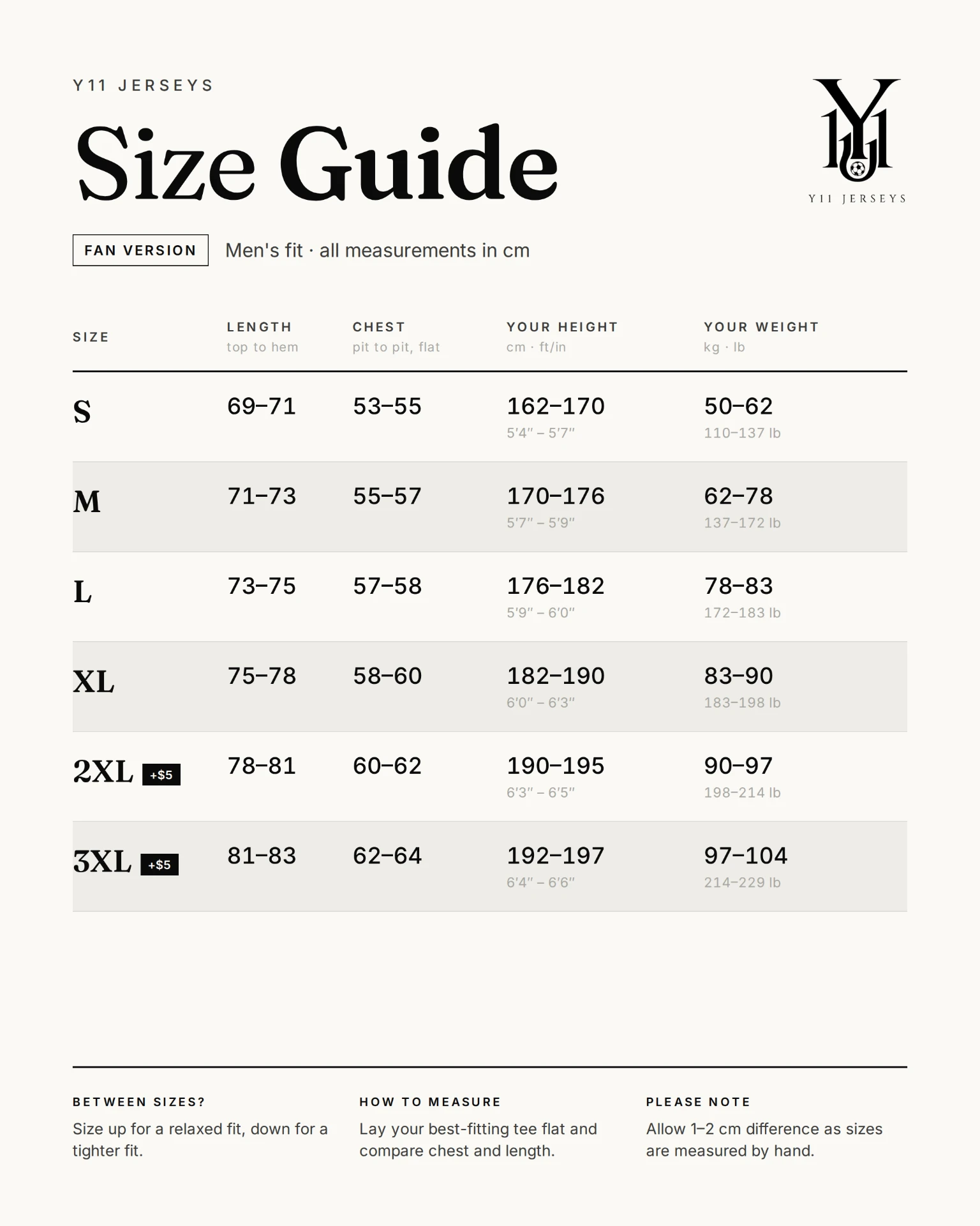 Y11 size chart